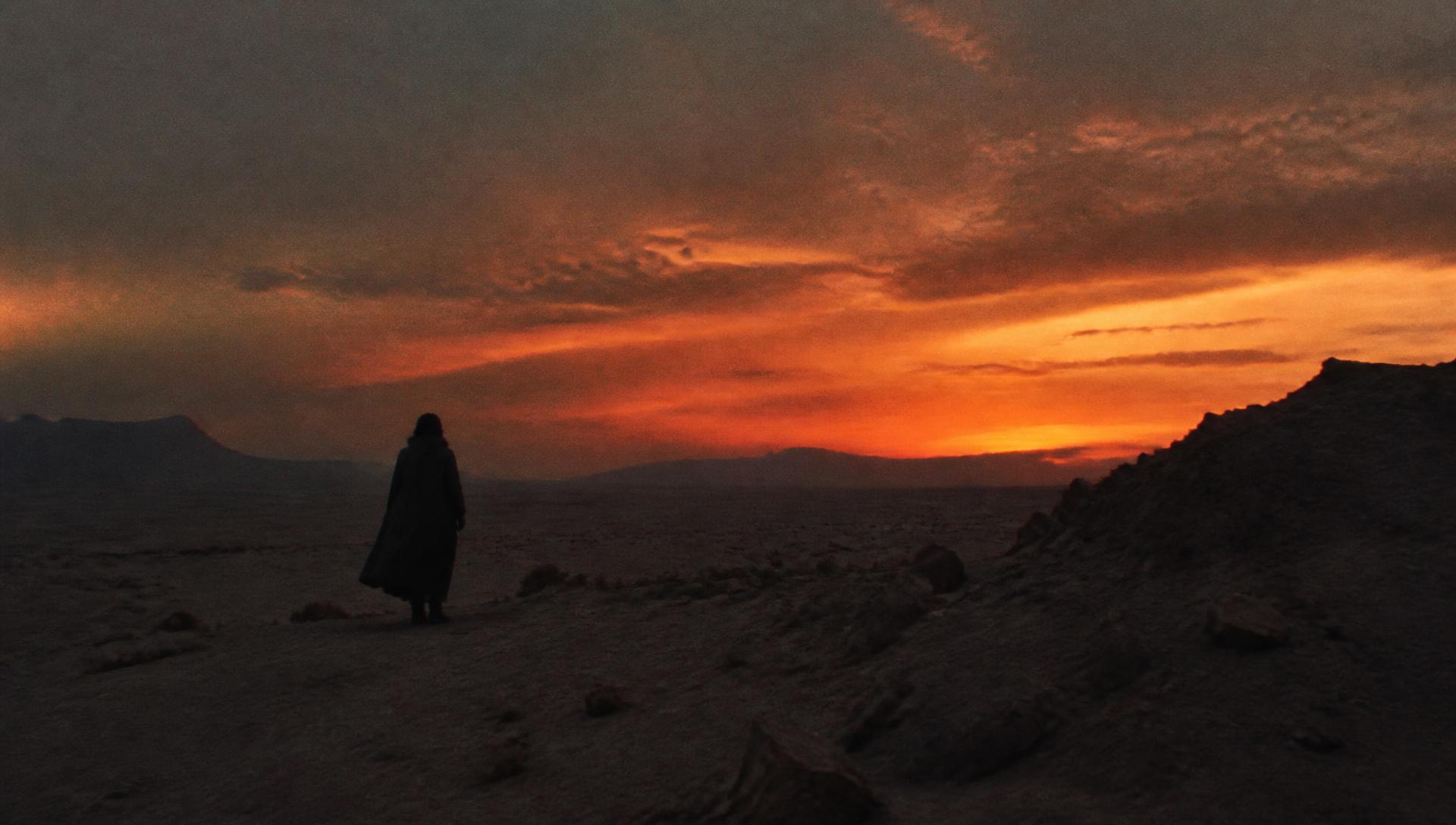 Cinematic wide shot of a lone figure in a desert at dusk
