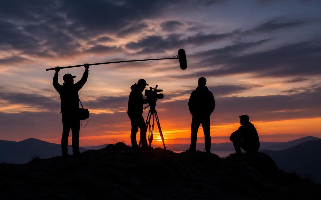 Silhouetted camera crew on a hilltop