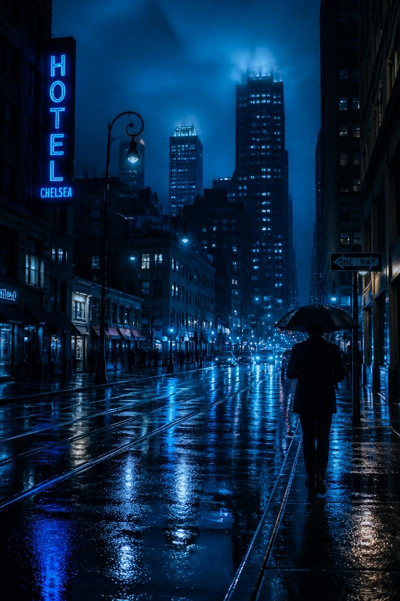 Deep blue atmospheric cinematic shot of a rainy city street