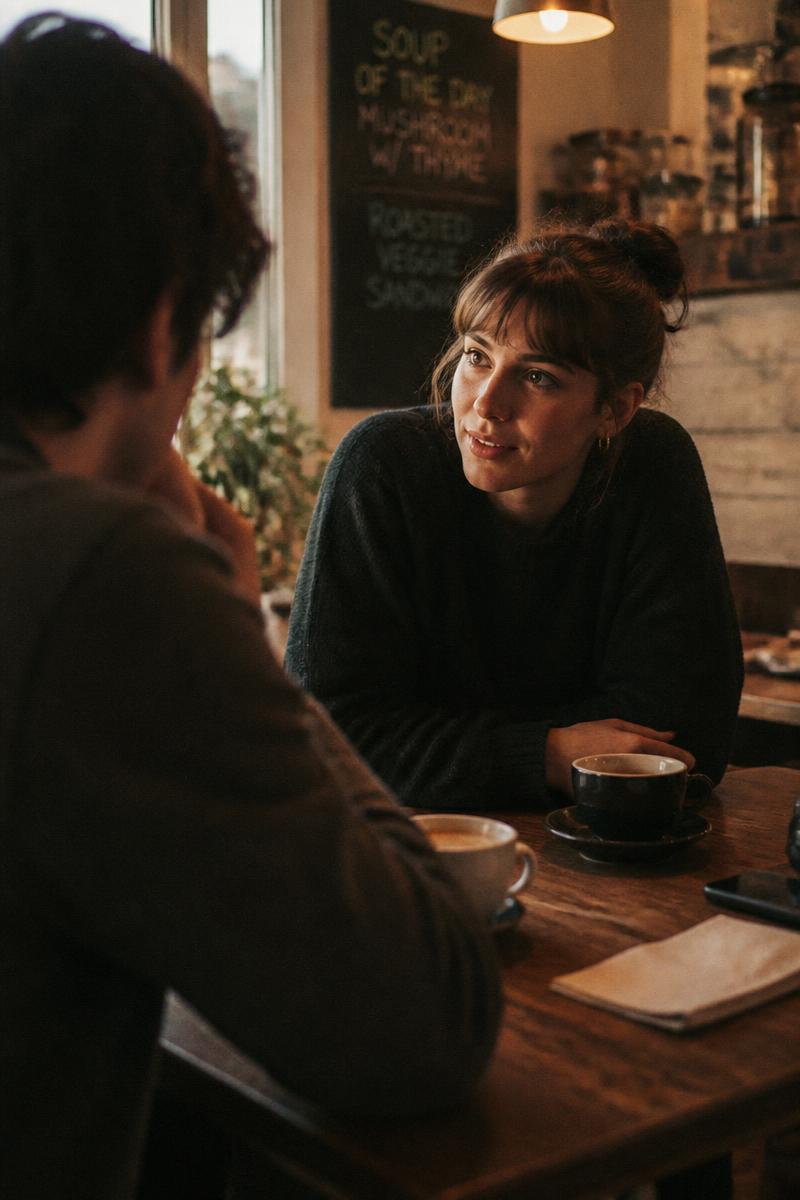 Warm grainy shot of two people talking in a cafe