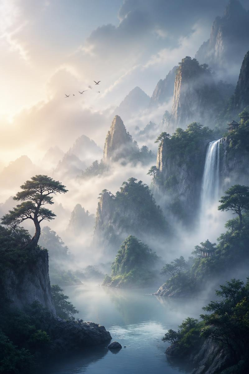 Ethereal landscape with soft mist